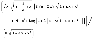 (x^(1/2) (a + 1/x + x)^(1/2) (2 (a + 2 x) (1 + a x + x^2)^(1/2) - (-4 + a^2) Log[a + 2 (x + (1 + a x + x^2)^(1/2))]))/(8 (1 + a x + x^2)^(1/2))