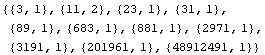 {{3, 1}, {11, 2}, {23, 1}, {31, 1}, {89, 1}, {683, 1}, {881, 1}, {2971, 1}, {3191, 1}, {201961, 1}, {48912491, 1}}